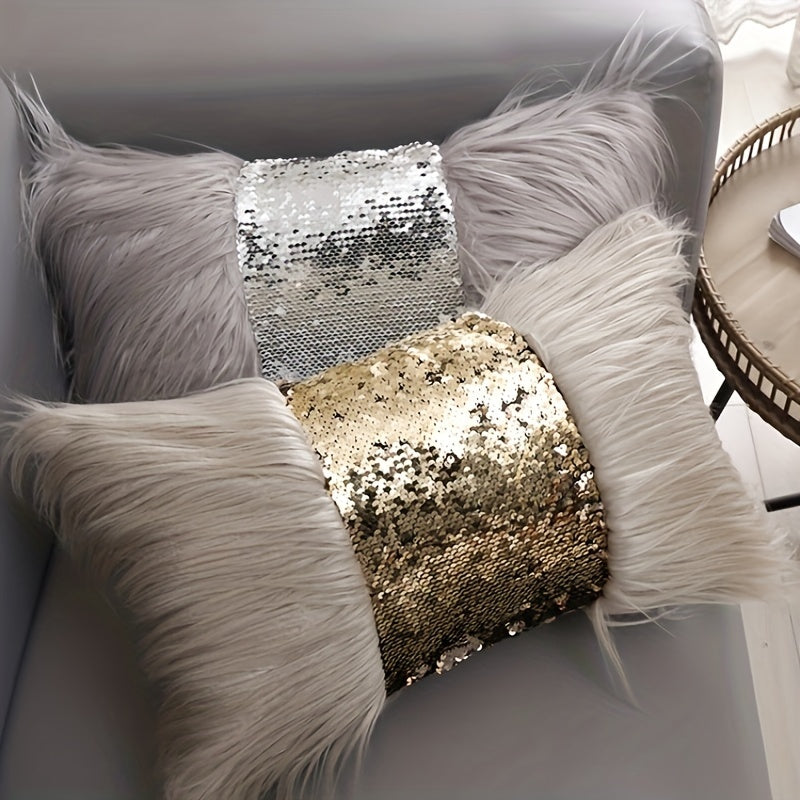 1pc, Luxury Sequin Fur Cushion Cover - Soft Plush Throw Pillow Case with Zipper - Perfect for Home Decor and Living Room Decor