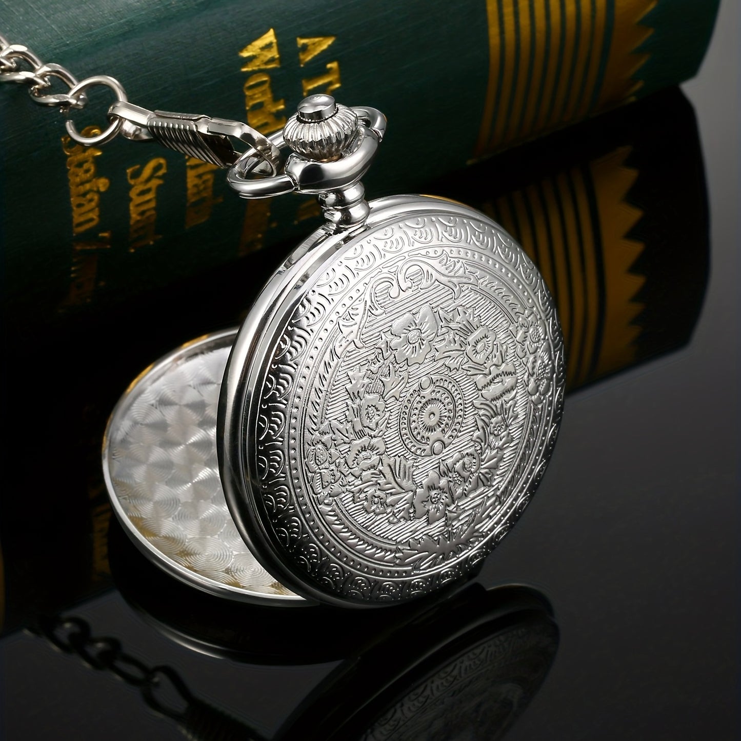 Pocket Watch For Men With Black Dial And Chain, Vintage Roman Numerals Watch