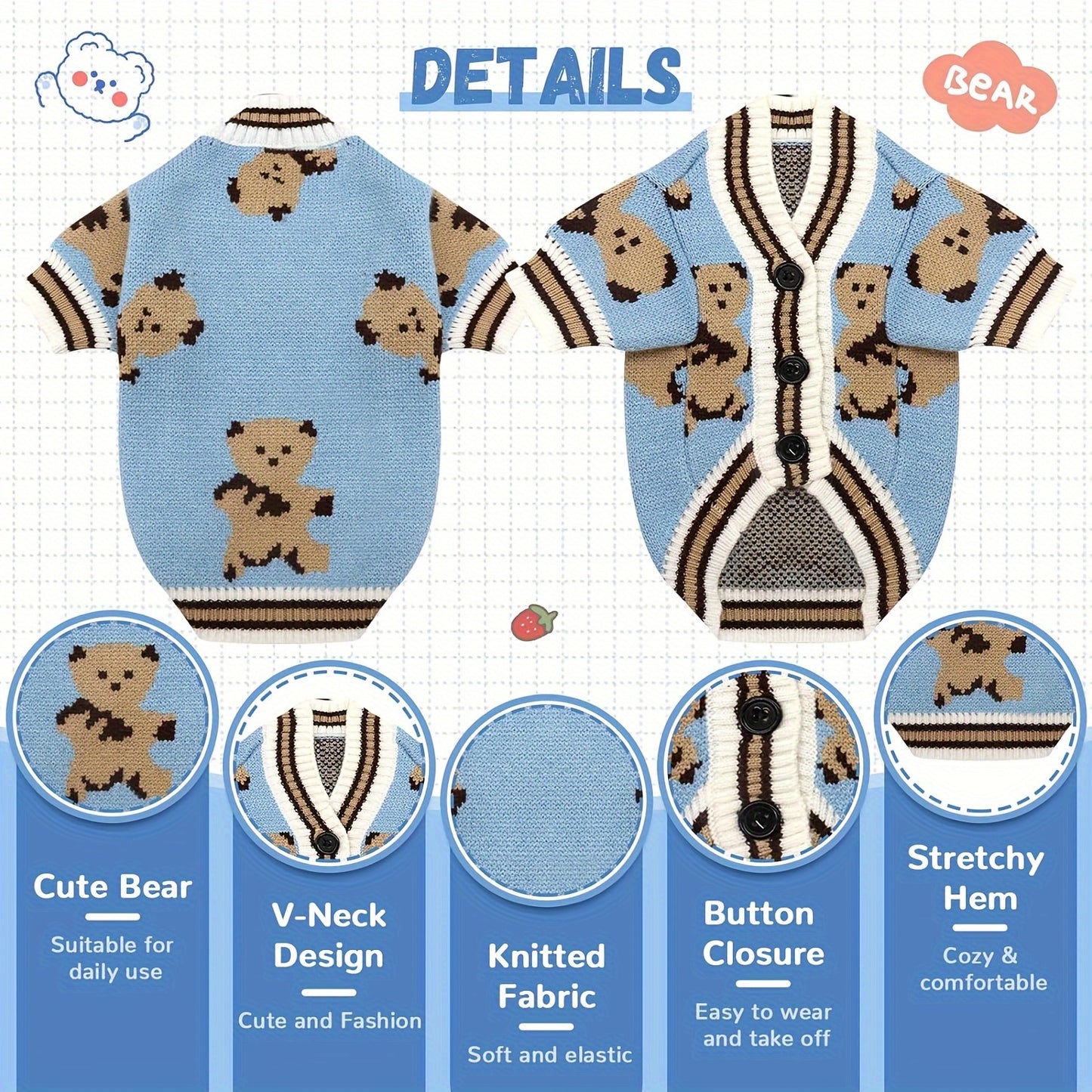 Graphic Dog/Cat Sweaters, Cute Bear Dog/Cat Cardigans Clothes For Small Dogs, Puppy, Cats Knit Outfits, Warm Pet Clothes, Soft Knitwear Apparel