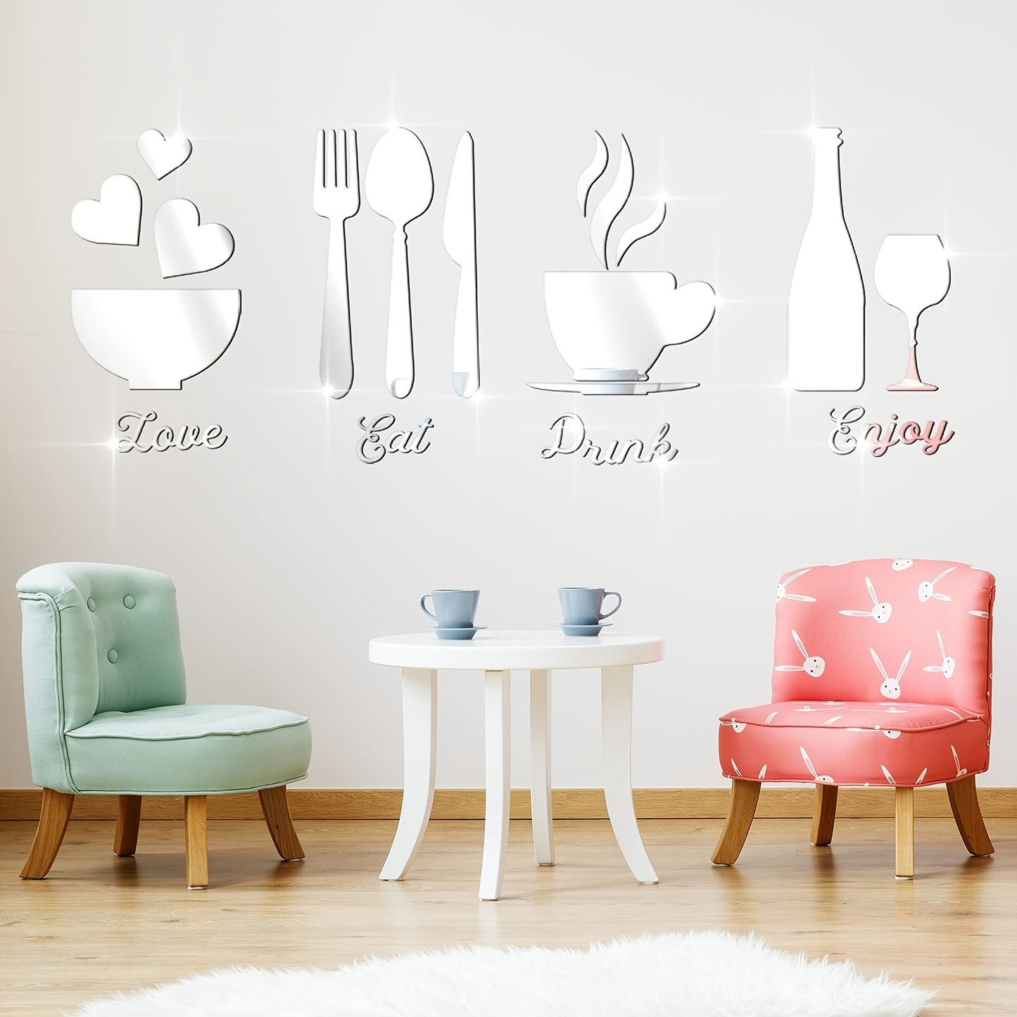 1 Set/17 Pieces Kitchen Wall Decor Acrylic Mirror Wall Stickers, Fork Spoon Bowl Tea Cup Bottle Sign 3D Mirror Decal, Kitchen Wall Mirrors Decor DIY Detachable Mural Sticker For Living Room, Dining Room