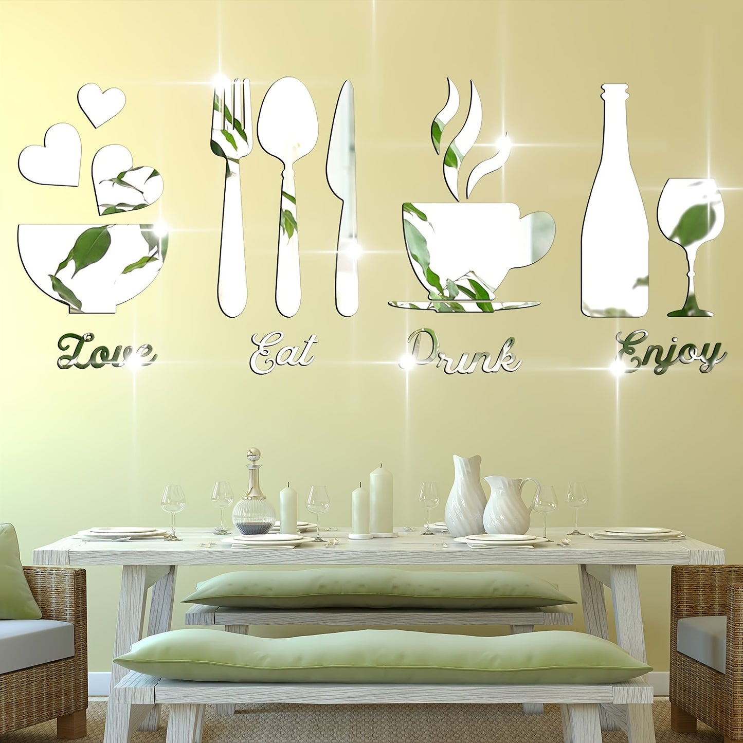 1 Set/17 Pieces Kitchen Wall Decor Acrylic Mirror Wall Stickers, Fork Spoon Bowl Tea Cup Bottle Sign 3D Mirror Decal, Kitchen Wall Mirrors Decor DIY Detachable Mural Sticker For Living Room, Dining Room