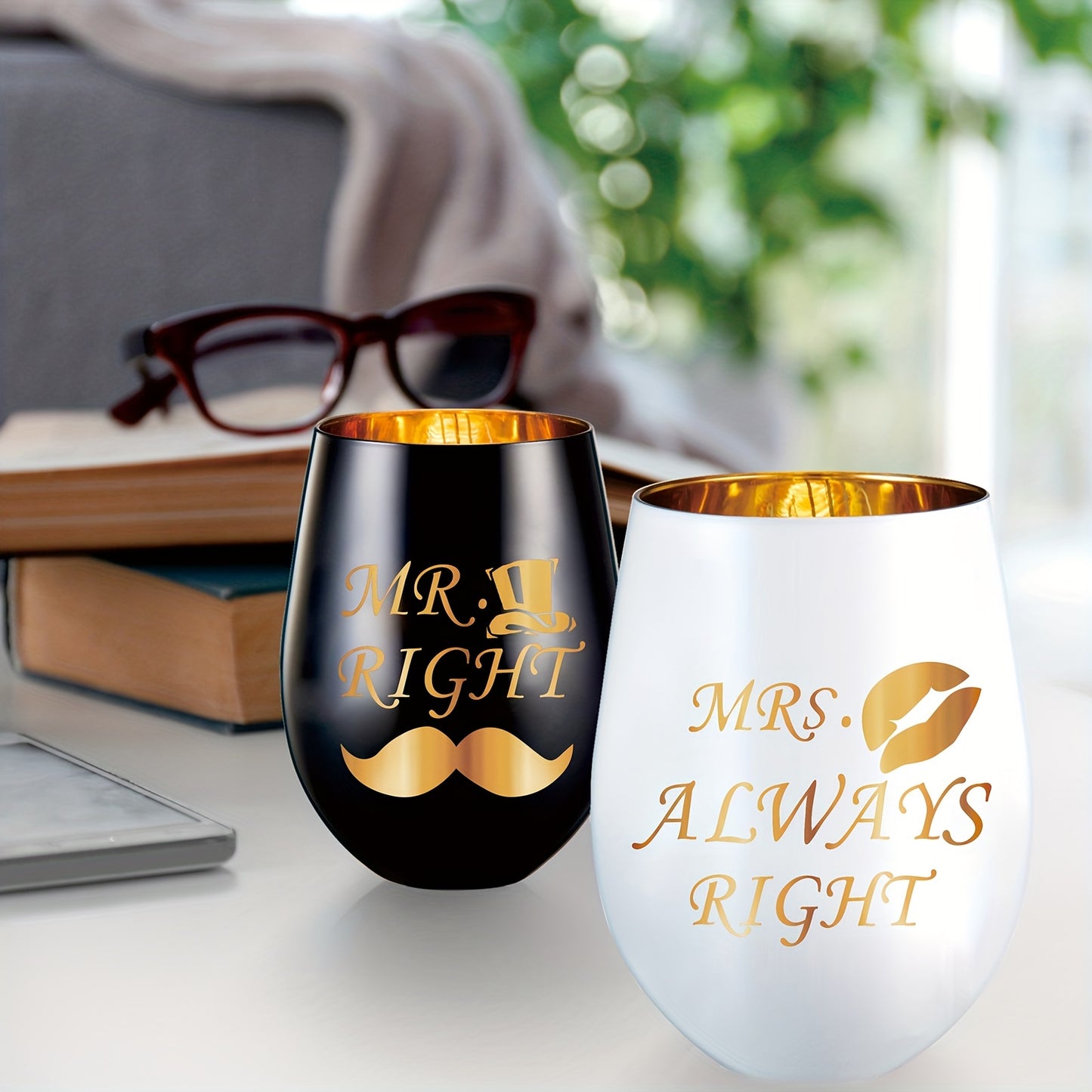 2pcs, Mr Right Mrs Always Right Wine Glasses - Perfect Wedding, Engagement, Anniversary, and Bridal Shower Gifts for Couples