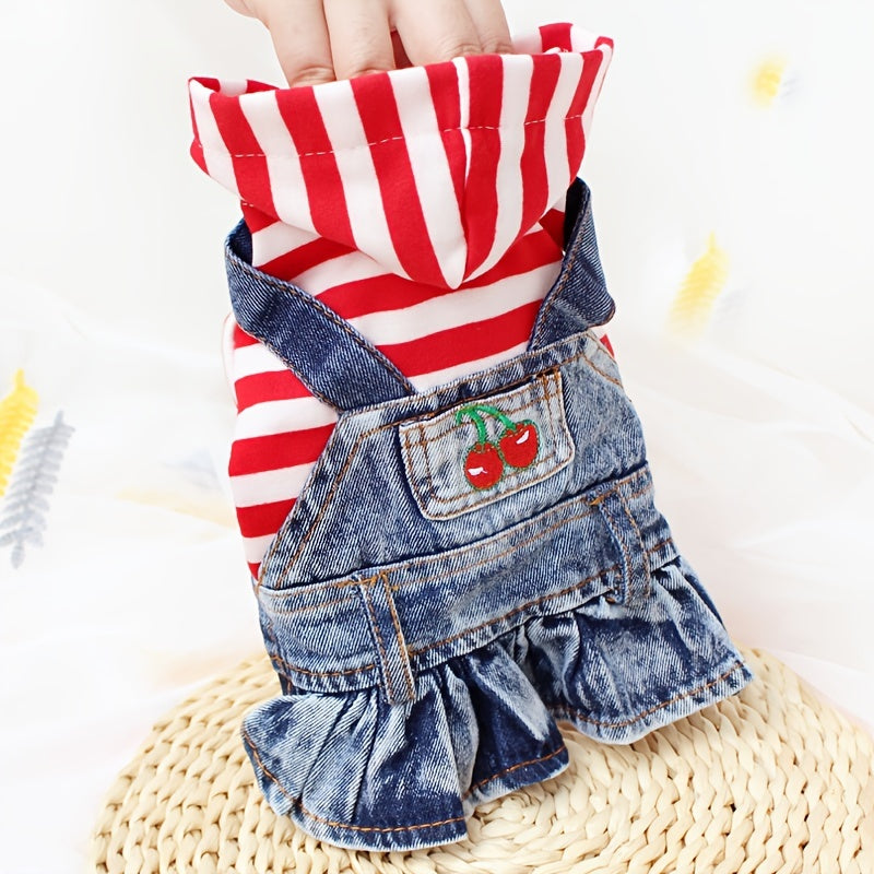 New Striped Denim Princess Jumpsuit Dog Dress For Spring And Autumn Pet Clothes For Small Dogs Plaid Puppy Denim Hoodie Jacket