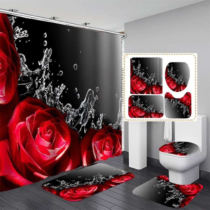 1pc/3pcs/4pcs Red Rose Shower Curtain, Bathroom Non-Slip Mat, U Shape Toilet Rug And Toilet Lid Cover, Bathroom Decor