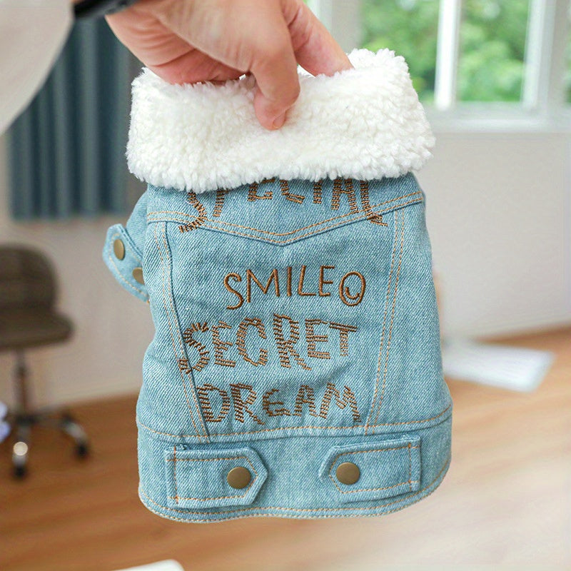 Embroidered Pet Denim Coat For Autumn And Winter Dog Warm Clothes