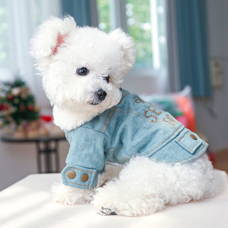 Embroidered Pet Denim Coat For Autumn And Winter Dog Warm Clothes