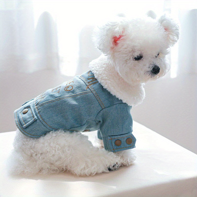 Embroidered Pet Denim Coat For Autumn And Winter Dog Warm Clothes