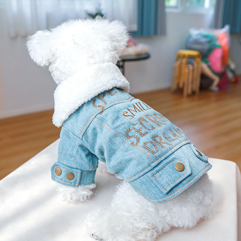 Embroidered Pet Denim Coat For Autumn And Winter Dog Warm Clothes