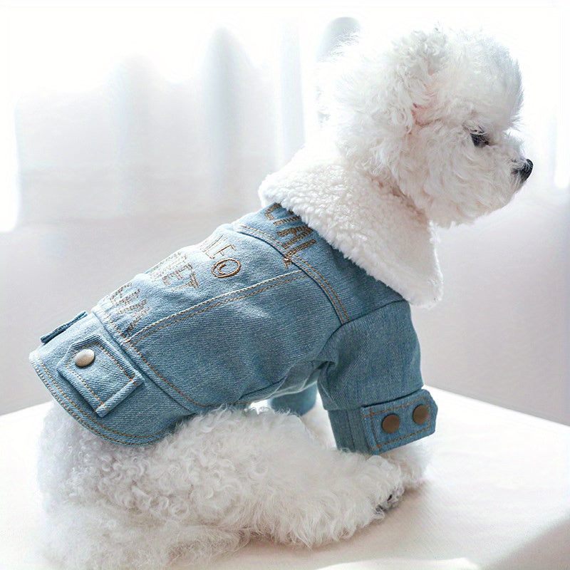 Embroidered Pet Denim Coat For Autumn And Winter Dog Warm Clothes