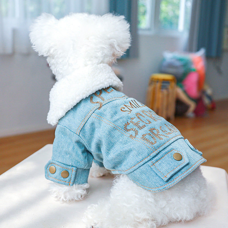 Embroidered Pet Denim Coat For Autumn And Winter Dog Warm Clothes