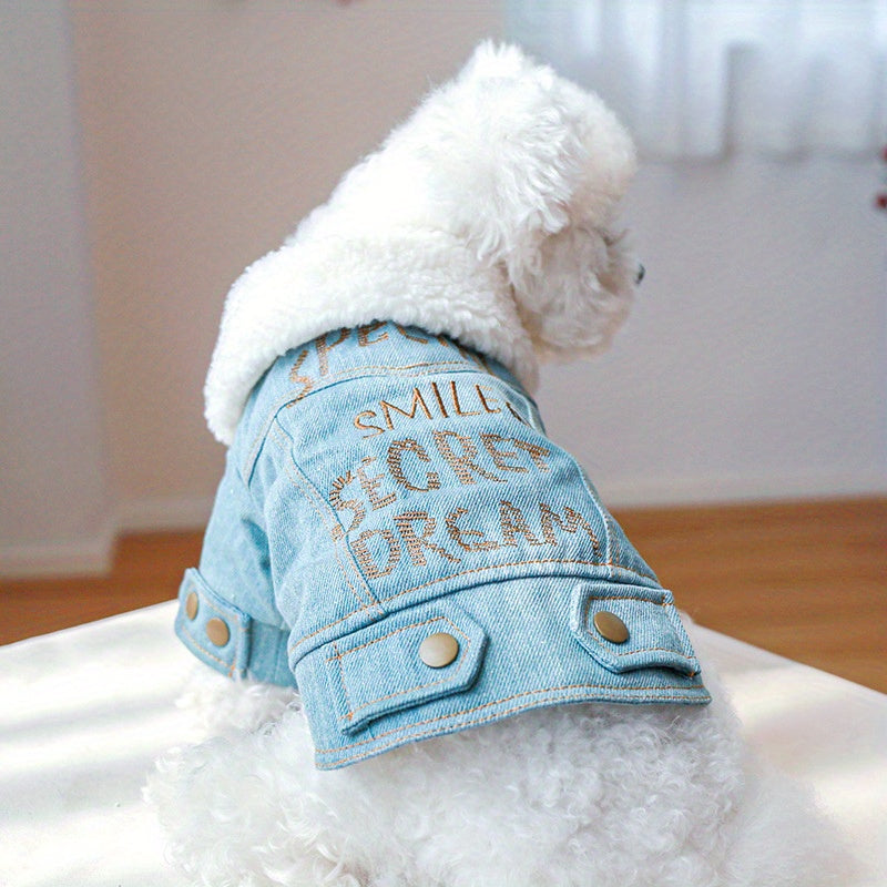 Embroidered Pet Denim Coat For Autumn And Winter Dog Warm Clothes