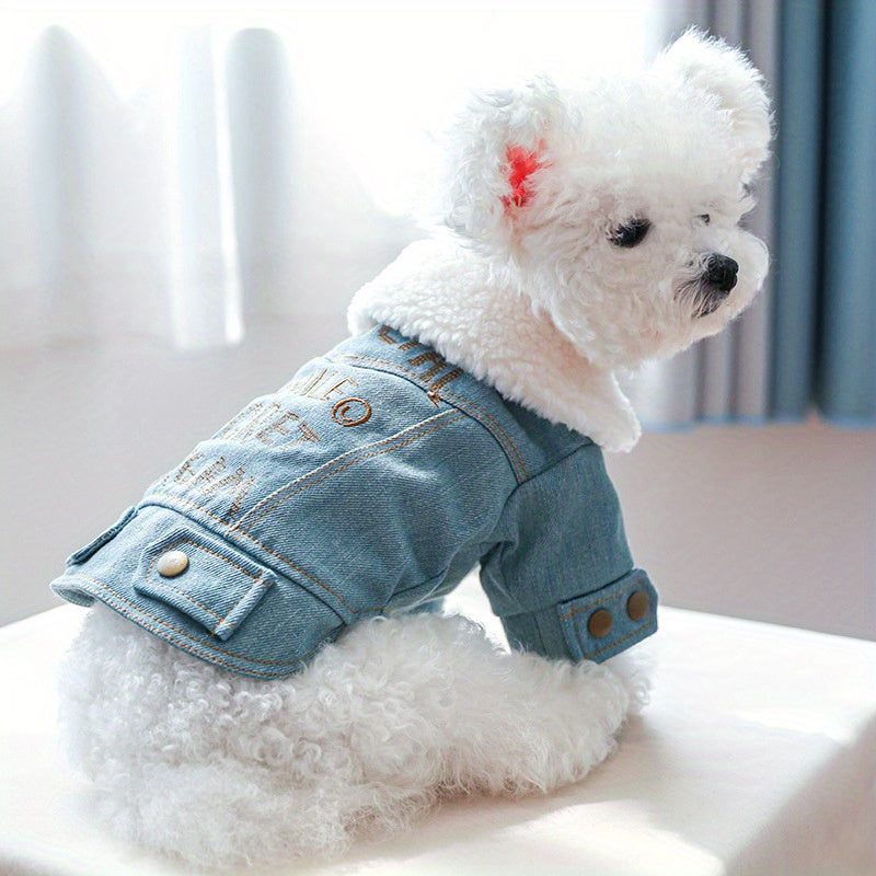 Embroidered Pet Denim Coat For Autumn And Winter Dog Warm Clothes