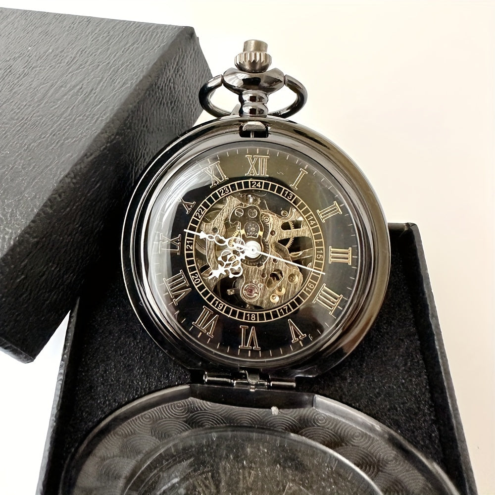 Retro Manual Mechanical Pocket Watch Mirror Hollow Flip Roman Type Black Mechanical Movement Pocket Watch, Ideal choice for Gifts