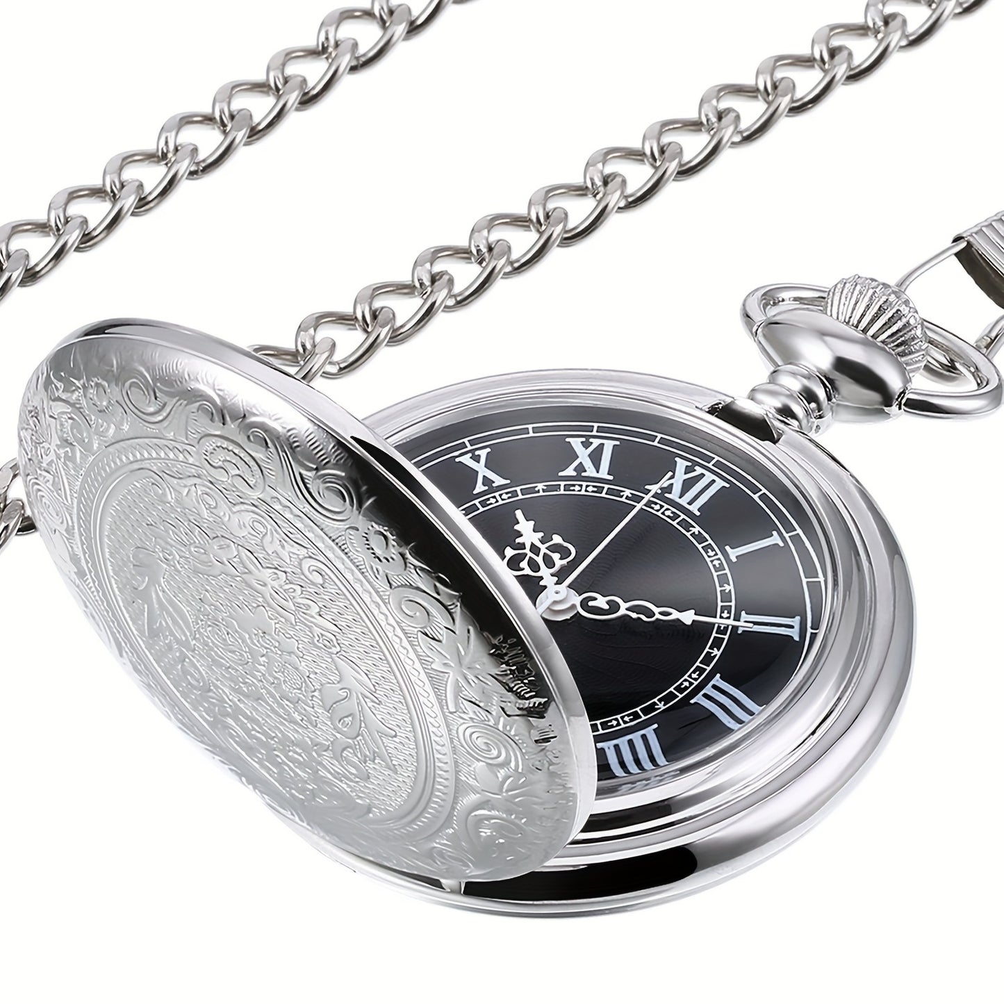 Pocket Watch For Men With Black Dial And Chain, Vintage Roman Numerals Watch