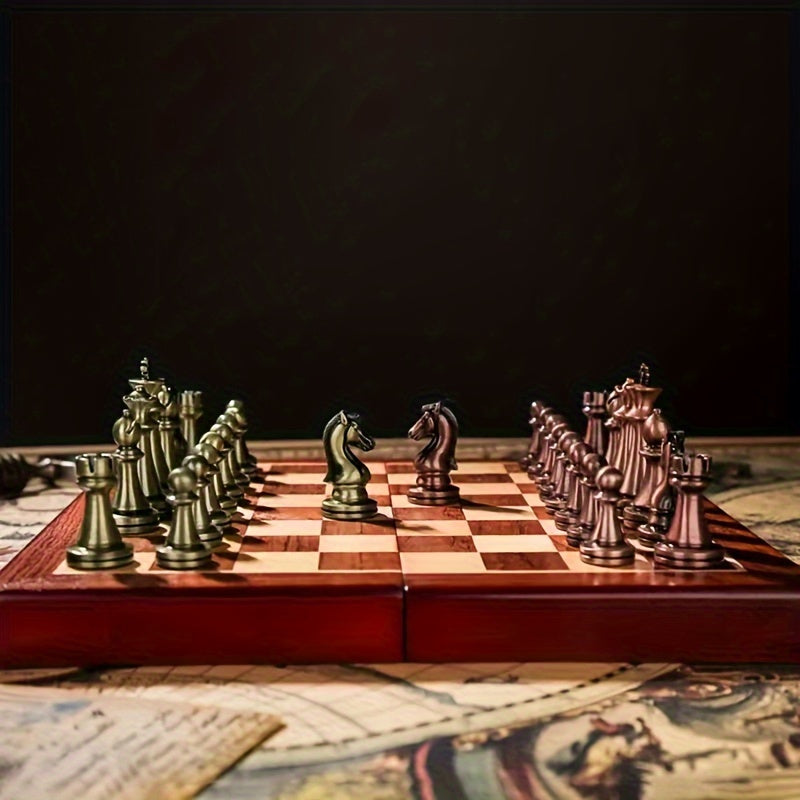 Premium International Chess Set - Solid Wood Foldable Box & Zinc Alloy Metal Weighted Pieces