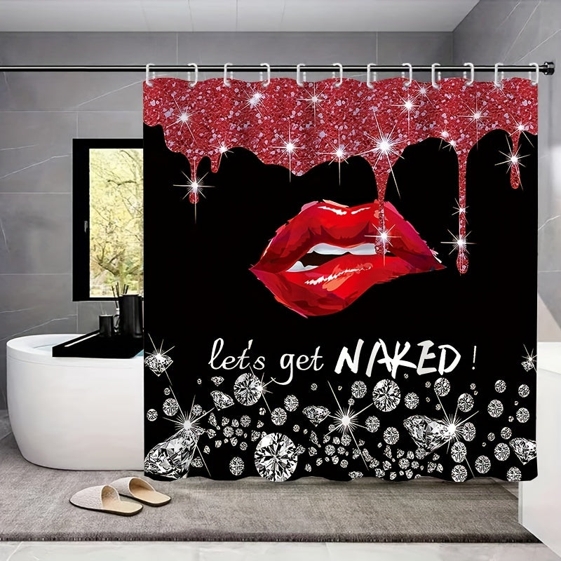 1/3/4pcs Red Lip Pattern Shower Curtain, Waterproof Shower Curtain With 12 Hooks, Non-Slip Bathroom Rug, Toilet U-Shape Mat, Toilet Lid Cover Pad, Bathroom Decor, Shower Curtain Sets For Bathrooms