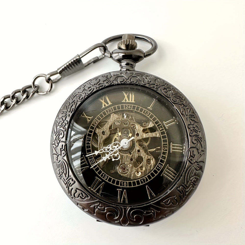 Retro Manual Mechanical Pocket Watch Mirror Hollow Flip Roman Type Black Mechanical Movement Pocket Watch, Ideal choice for Gifts