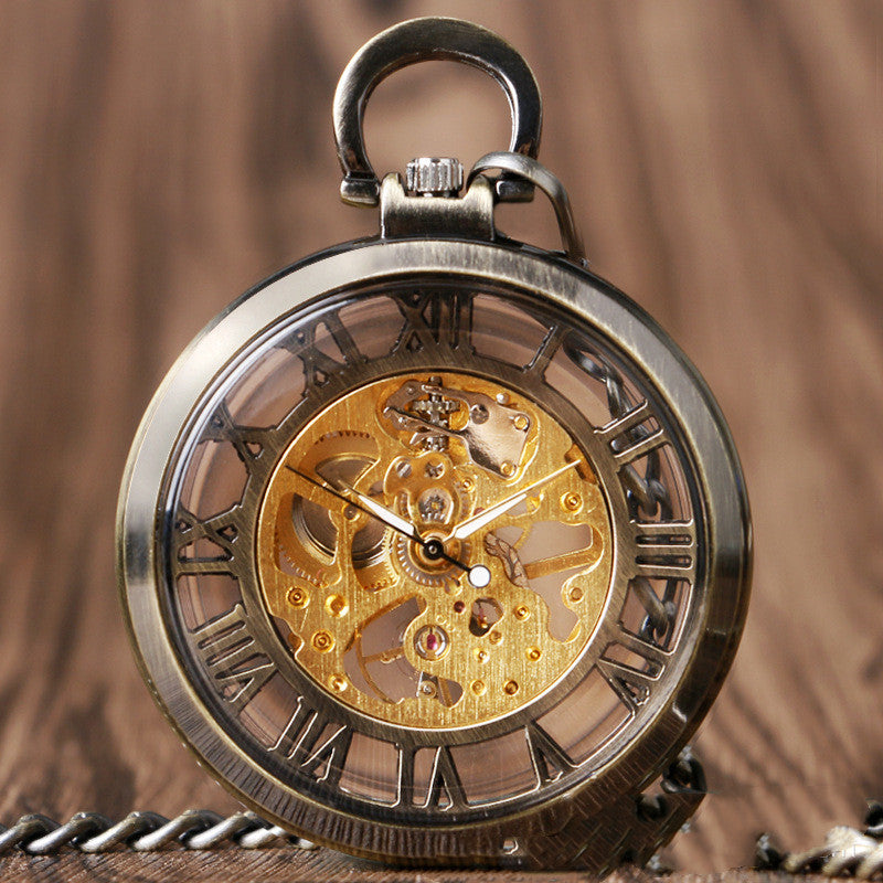 Hollow Roman Character Mechanical Pocket Watch