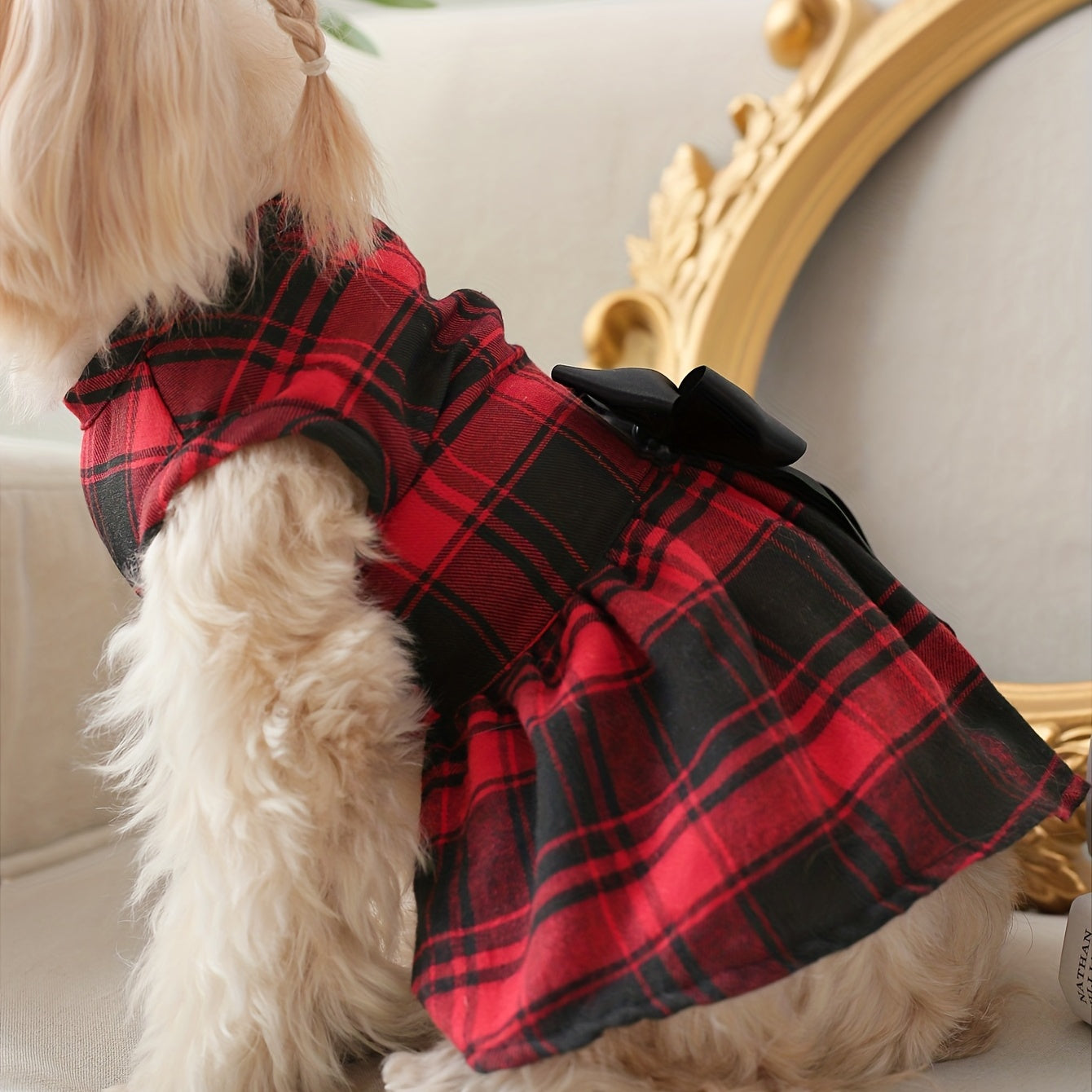 1pc Pet Red Plaid Dog Dress With Black Bowknot Decor Puppy And Cat Skirt Campus Style Pet Clothes