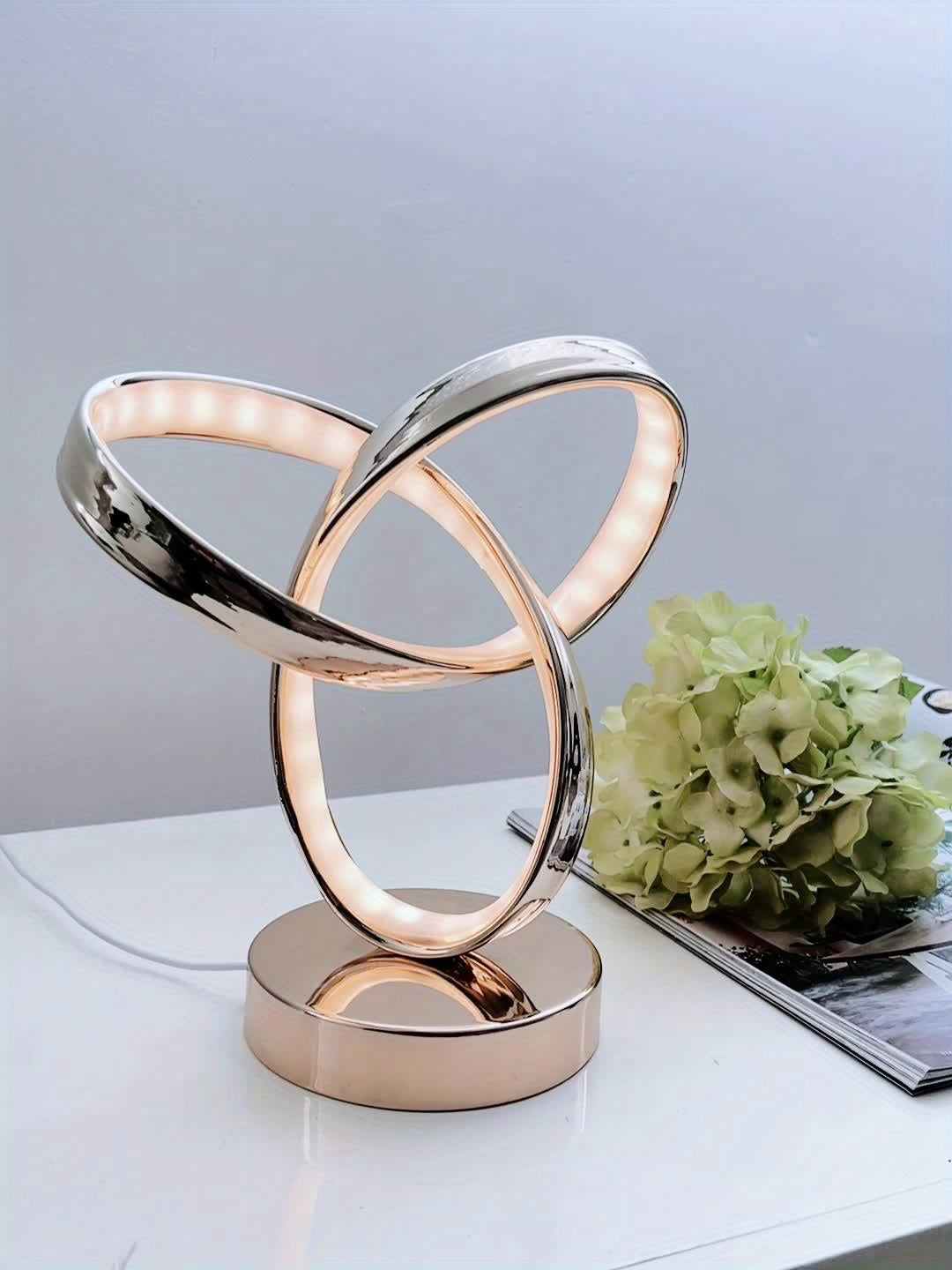 1pc Bedroom Bedside Small Table Lamp, USB Power Supply Night Light, Three Colors Infinitely Dimmable, Wall Cabinet Bookcase Shaped Ornaments Decorative Lamp, Golden Möbius Ring Study Desk Reading Lamp, Household Table Lamps