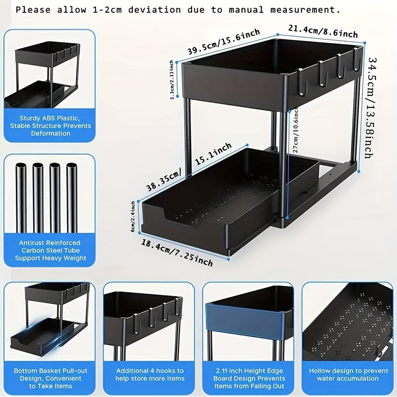 1pc Under Sliding Cabinet Basket Organizer, 2 Tier Under Sink Organizers, Black Under Sink Storage, For Bathroom Kitchen