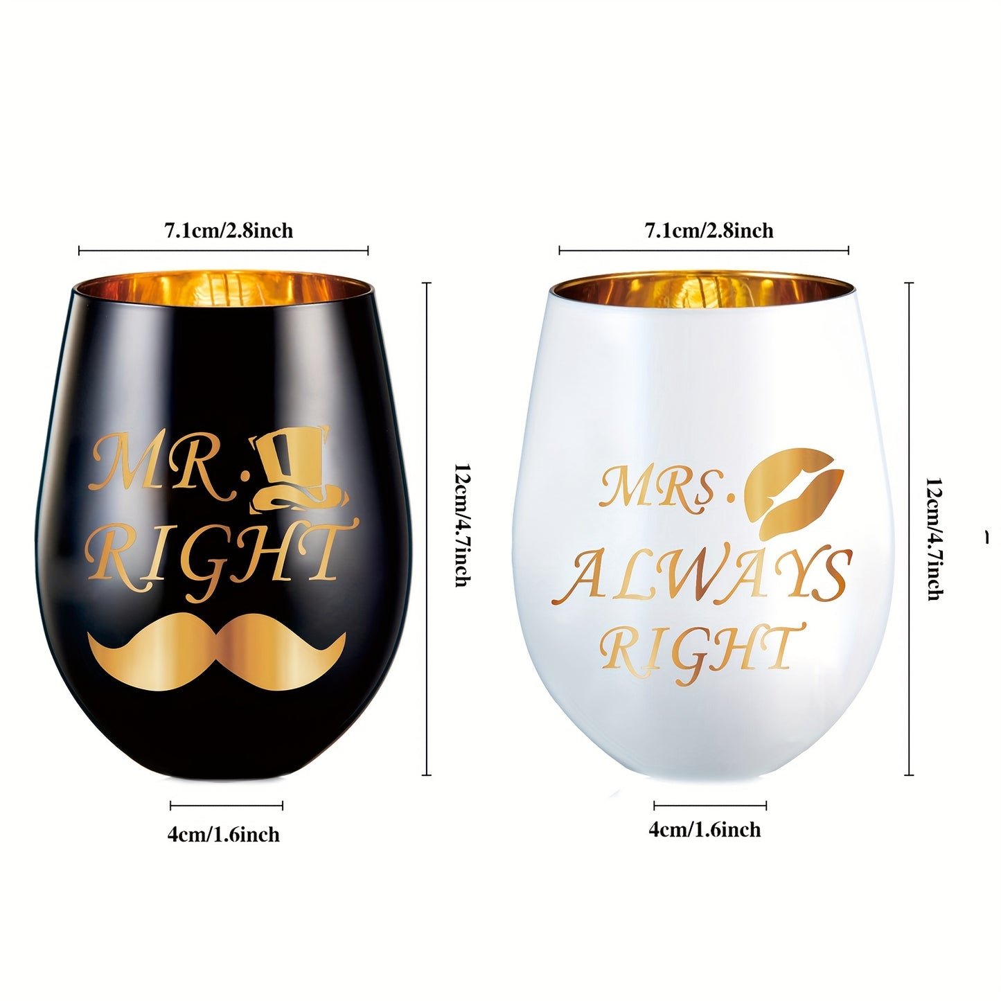 2pcs, Mr Right Mrs Always Right Wine Glasses - Perfect Wedding, Engagement, Anniversary, and Bridal Shower Gifts for Couples