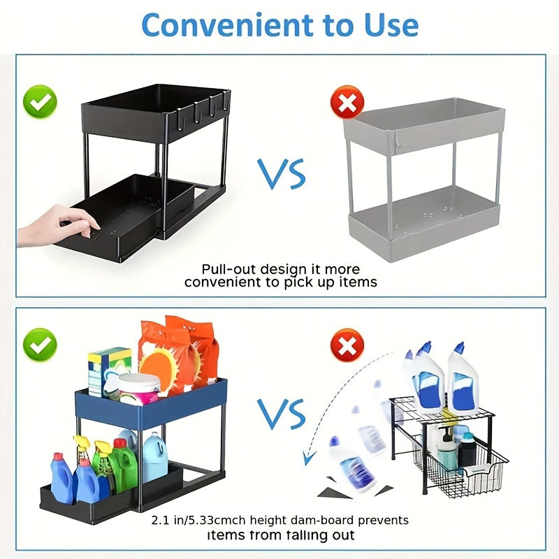 1pc Under Sliding Cabinet Basket Organizer, 2 Tier Under Sink Organizers, Black Under Sink Storage, For Bathroom Kitchen