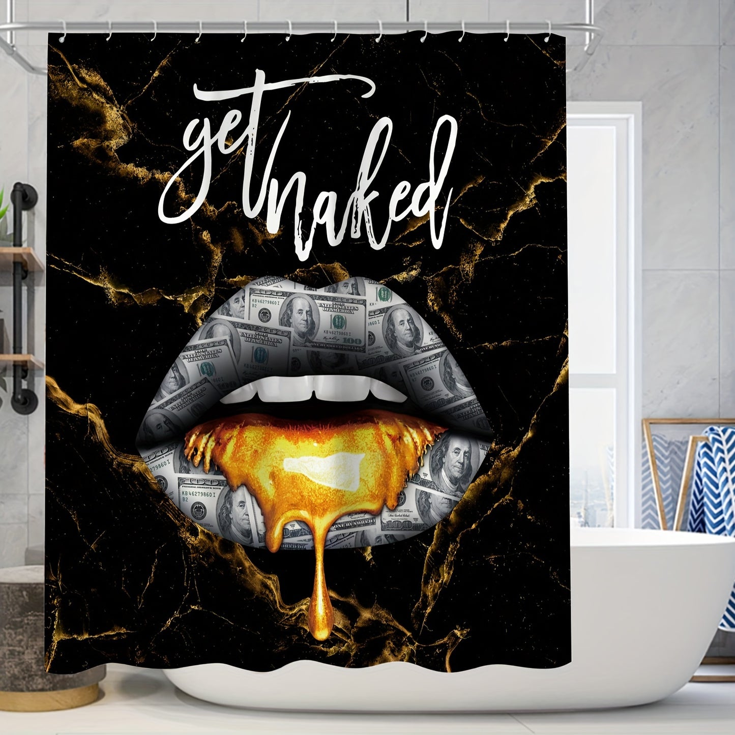 4pcs Dollar Lips Printed Shower Curtain Set, Decorative Bathroom Set Including Waterproof Shower Curtain With Hooks, Non-slip Mat, Toilet Lid Mat And U-shape Mat, Bathtub Partition, Bathroom Accessories