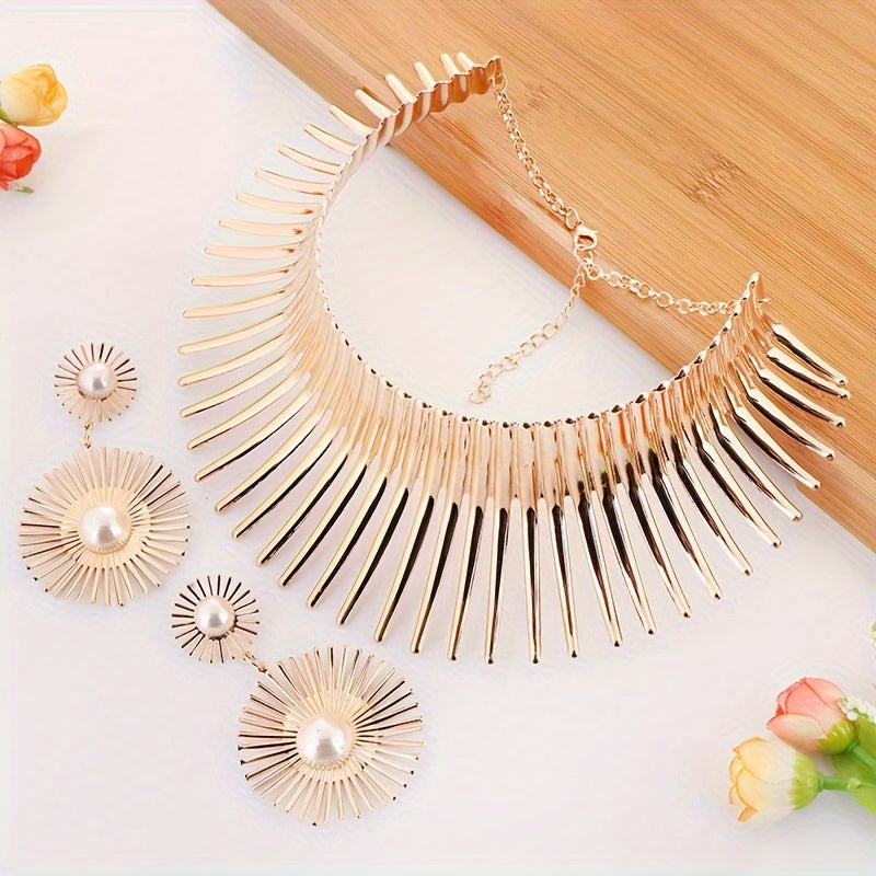 Fashionable And Exaggerated Blooming Sun Collar Necklace Drop Earring Set Women's Alloy Jewelry Accessories For Birthday, Festival, Party Engagement And Wedding Jewelry Gifts