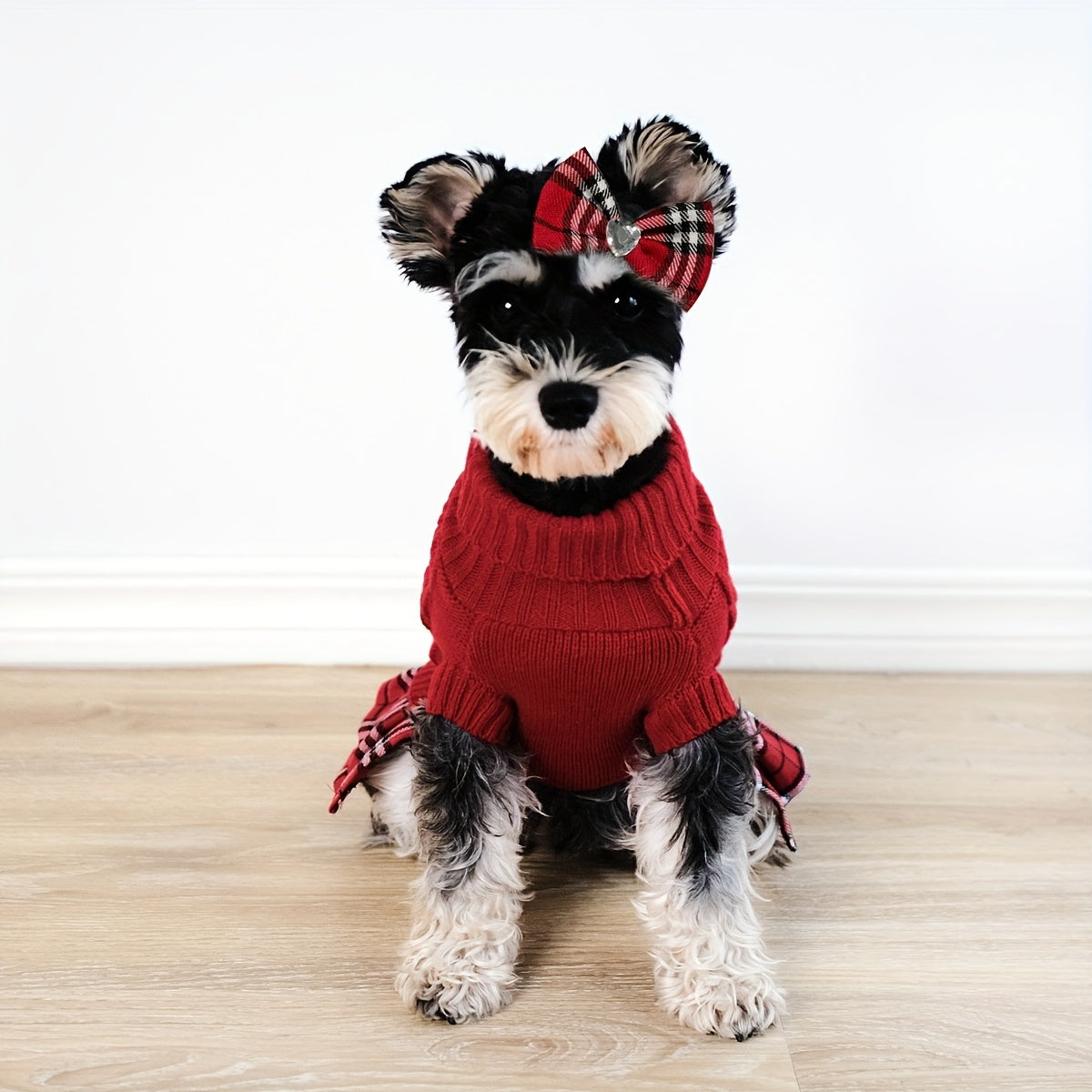 Dog Sweater Dress With Leash Hole For Small Dogs Skirt With Bowtie, Buffalo Check Red Turtleneck Doggie Pullover Knitwear, Puppy Sweater, Red