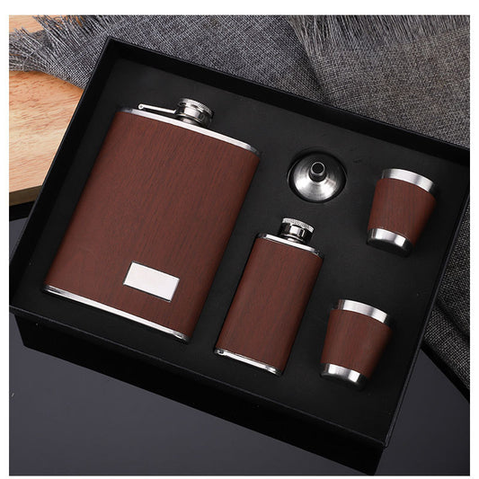 Outdoor Portable Stainless Steel Hip Flask Wood Grain Leather Suit