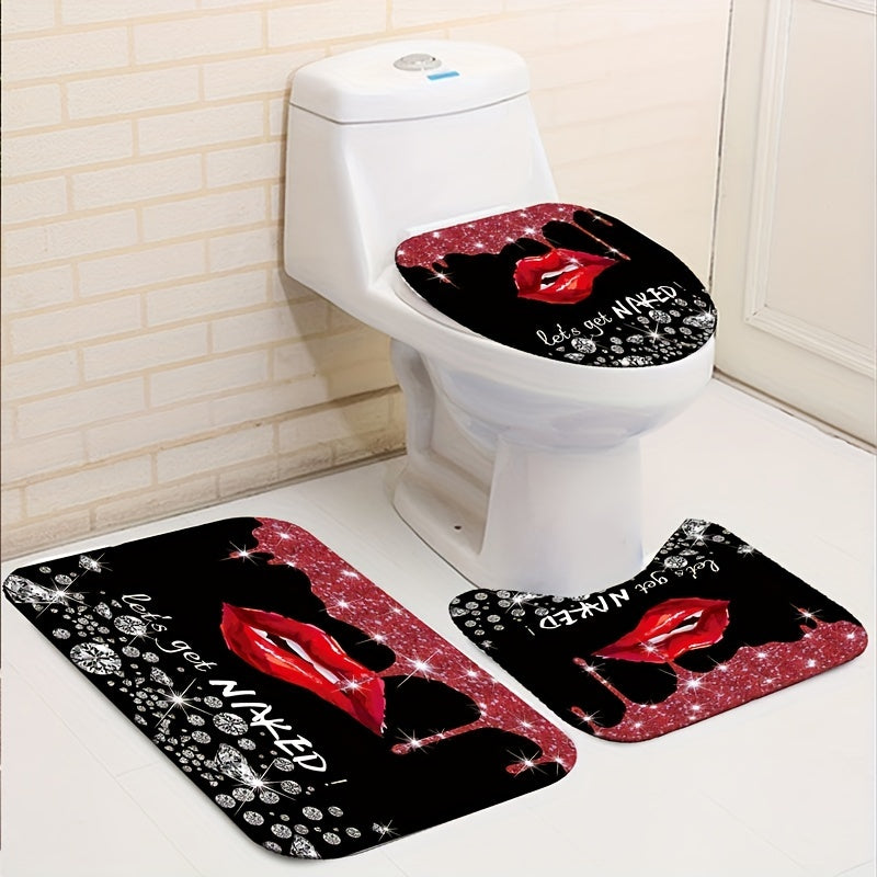 1/3/4pcs Red Lip Pattern Shower Curtain, Waterproof Shower Curtain With 12 Hooks, Non-Slip Bathroom Rug, Toilet U-Shape Mat, Toilet Lid Cover Pad, Bathroom Decor, Shower Curtain Sets For Bathrooms