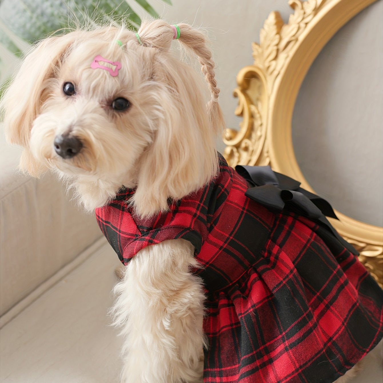 1pc Pet Red Plaid Dog Dress With Black Bowknot Decor Puppy And Cat Skirt Campus Style Pet Clothes