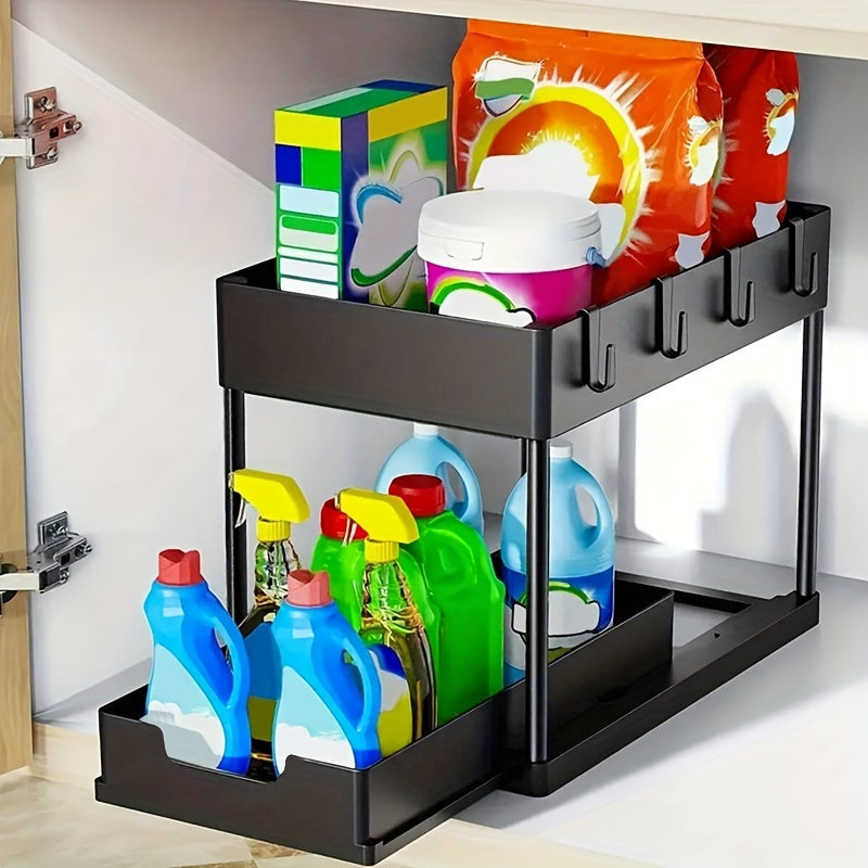 1pc Under Sliding Cabinet Basket Organizer, 2 Tier Under Sink Organizers, Black Under Sink Storage, For Bathroom Kitchen