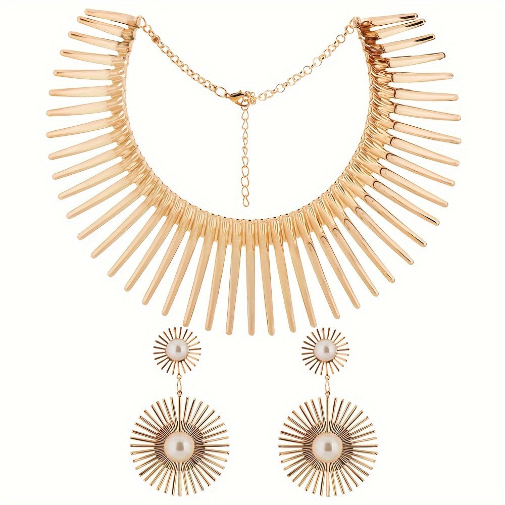 Fashionable And Exaggerated Blooming Sun Collar Necklace Drop Earring Set Women's Alloy Jewelry Accessories For Birthday, Festival, Party Engagement And Wedding Jewelry Gifts