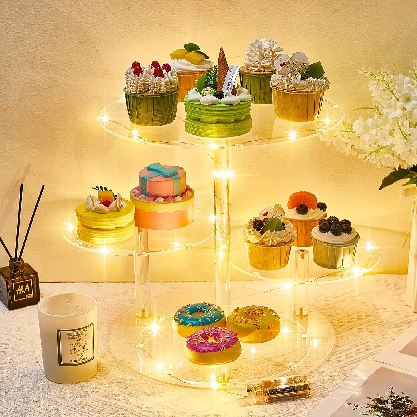 1 Set 4 Layers Round Acrylic Cupcake Tower Holder For 50 Cupcakes, Cake Stand With LED String Lights, Cake Stand For Halloween Christmas Birthday Wedding Graduation Baby Shower Tea Party (Lights Included)