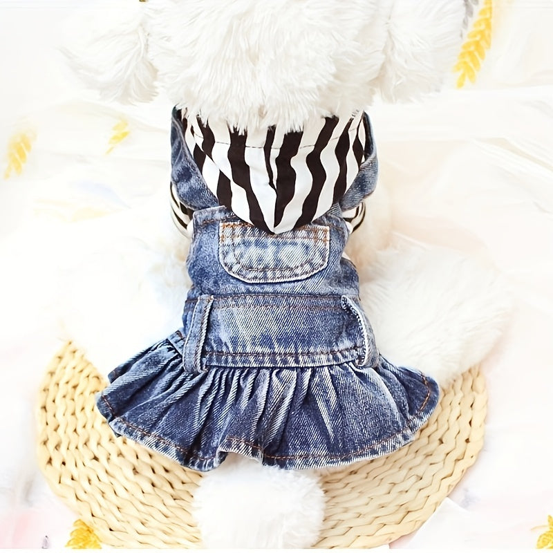 New Striped Denim Princess Jumpsuit Dog Dress For Spring And Autumn Pet Clothes For Small Dogs Plaid Puppy Denim Hoodie Jacket