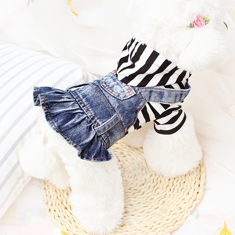 New Striped Denim Princess Jumpsuit Dog Dress For Spring And Autumn Pet Clothes For Small Dogs Plaid Puppy Denim Hoodie Jacket