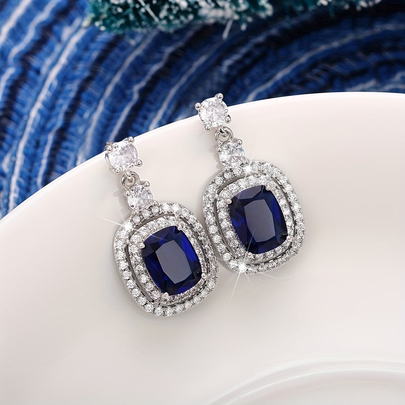 Gorgeous 925 Silver Plated Oval Cut Sapphire Drop Earrings Micro Paved Crystal Side Stone Women's Earrings Party Jewelry