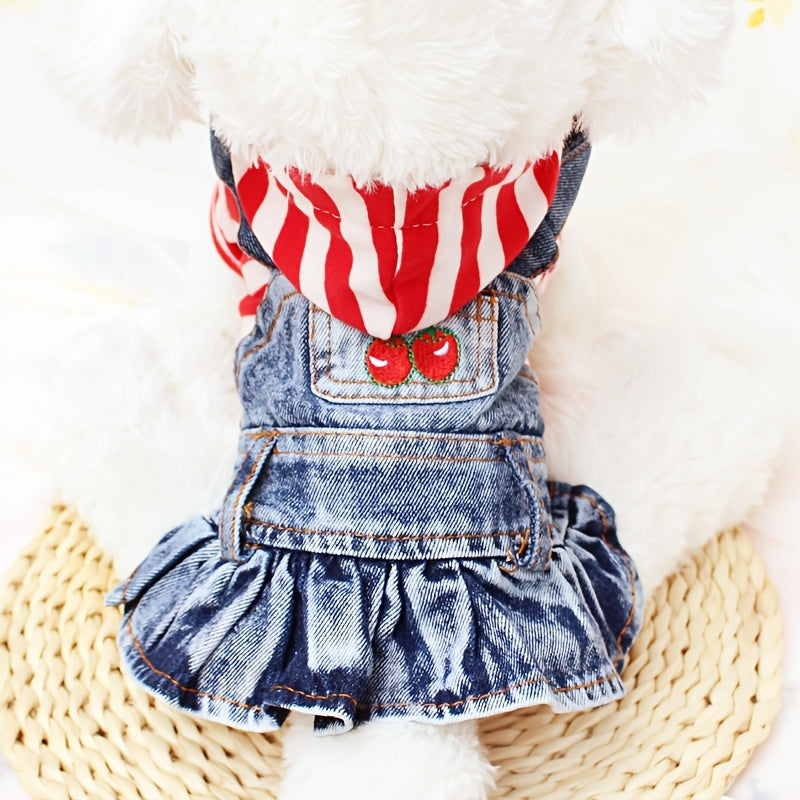 New Striped Denim Princess Jumpsuit Dog Dress For Spring And Autumn Pet Clothes For Small Dogs Plaid Puppy Denim Hoodie Jacket