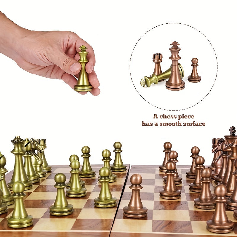 Premium International Chess Set - Solid Wood Foldable Box & Zinc Alloy Metal Weighted Pieces