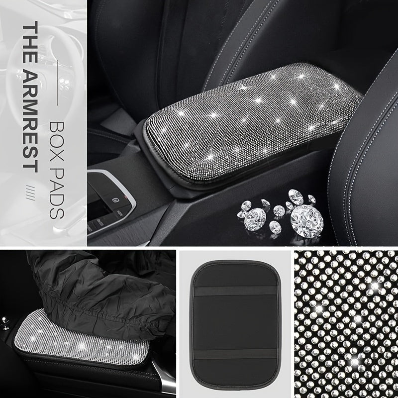 7pcs Bling Car Accessories For Women, Bling Steering Wheel Cover Bling Car Coasters Bling Car Armrest Box Mat Ring Emblem Sticker Gear Shift Cover