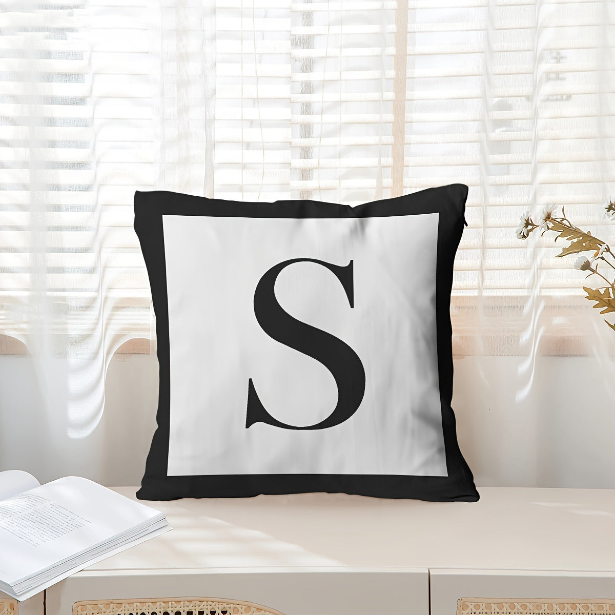 1pc No Pillow Core Initial Letter Pattern Throw Pillow Case,, Modern Simple Style Polyester Fiber Square No Pillow Core Waist Support Soft Cushion Cover Cushion Cover For Anniversary Name Abbreviation Sofa Bedroom Living Room Home Decoration