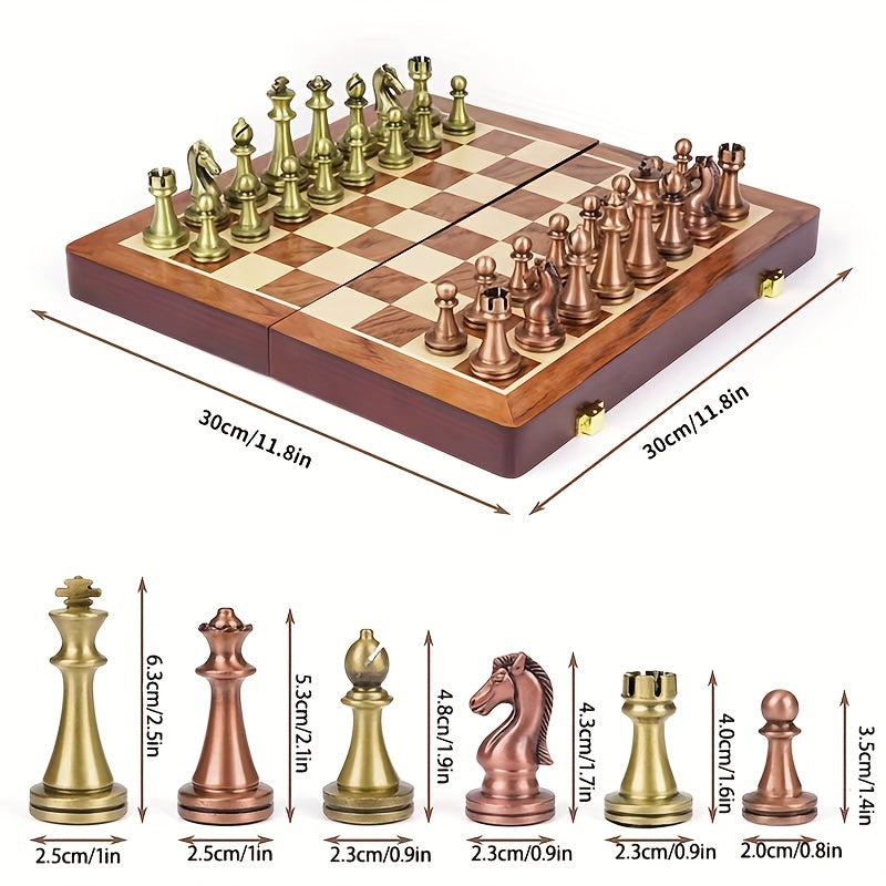 Premium International Chess Set - Solid Wood Foldable Box & Zinc Alloy Metal Weighted Pieces