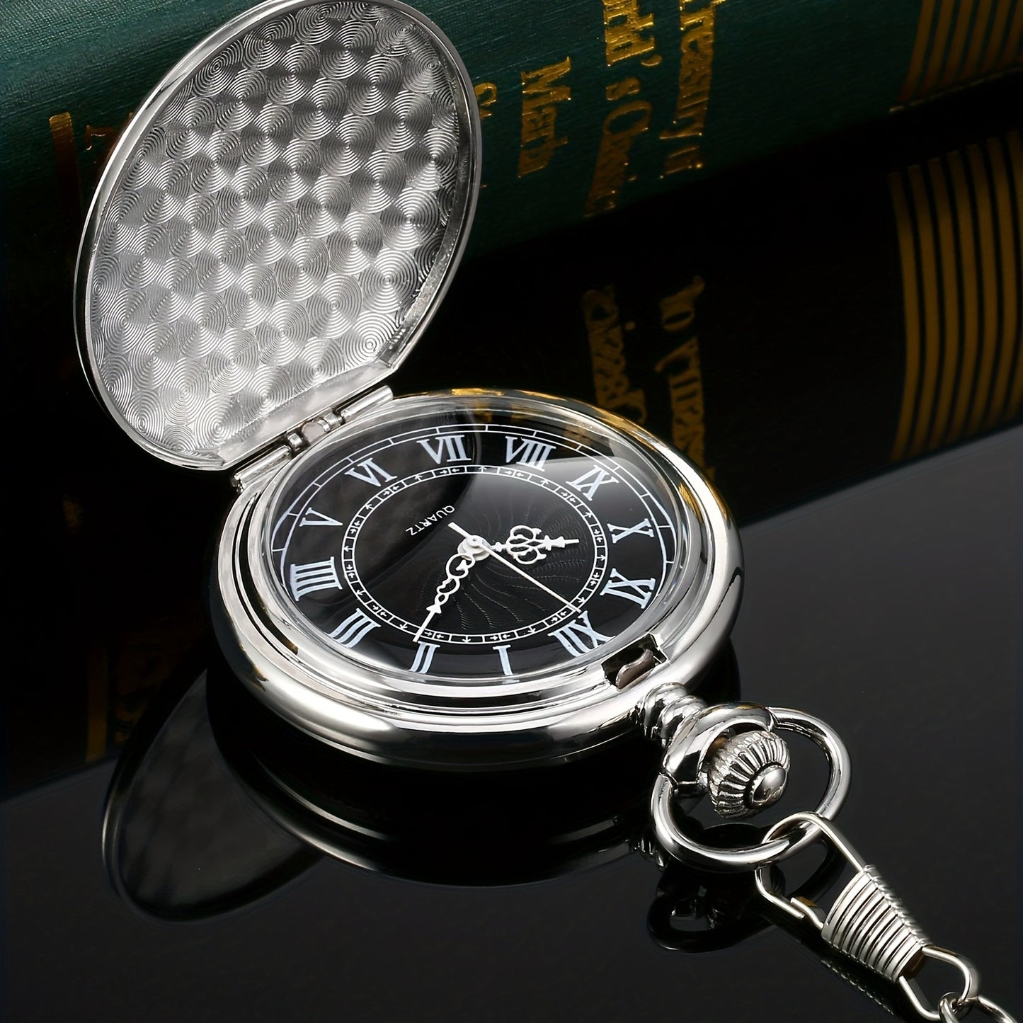 Pocket Watch For Men With Black Dial And Chain, Vintage Roman Numerals Watch