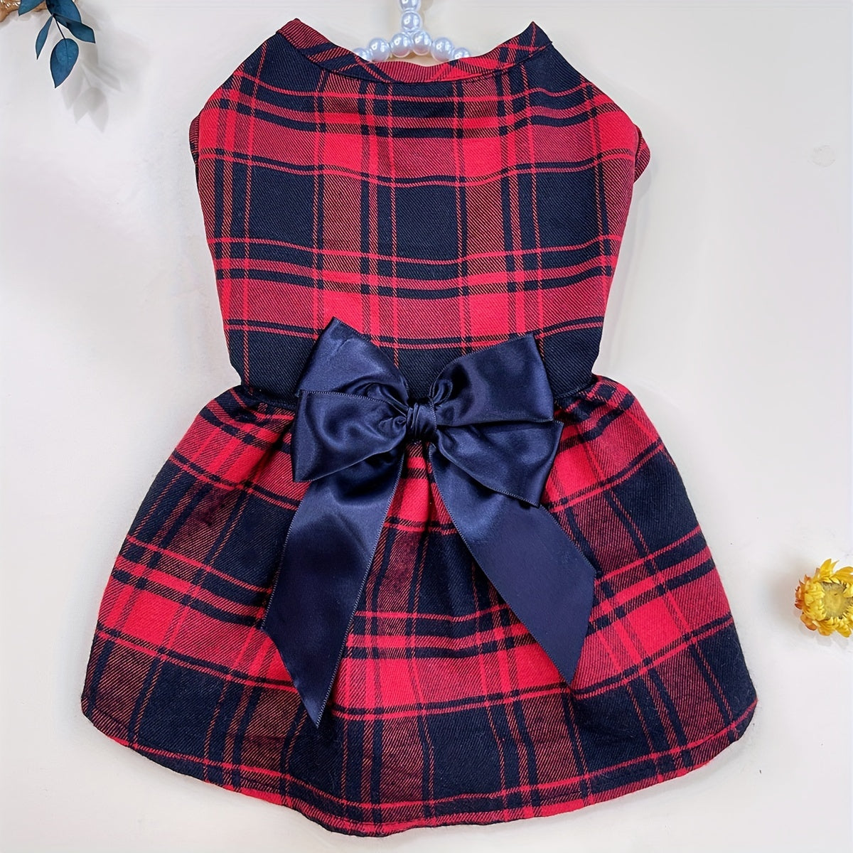 1pc Pet Red Plaid Dog Dress With Black Bowknot Decor Puppy And Cat Skirt Campus Style Pet Clothes