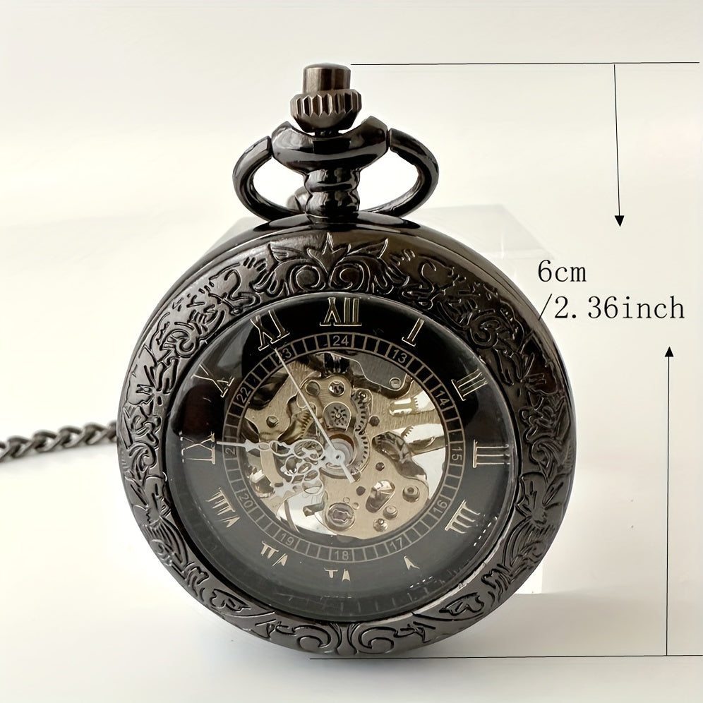 Retro Manual Mechanical Pocket Watch Mirror Hollow Flip Roman Type Black Mechanical Movement Pocket Watch, Ideal choice for Gifts