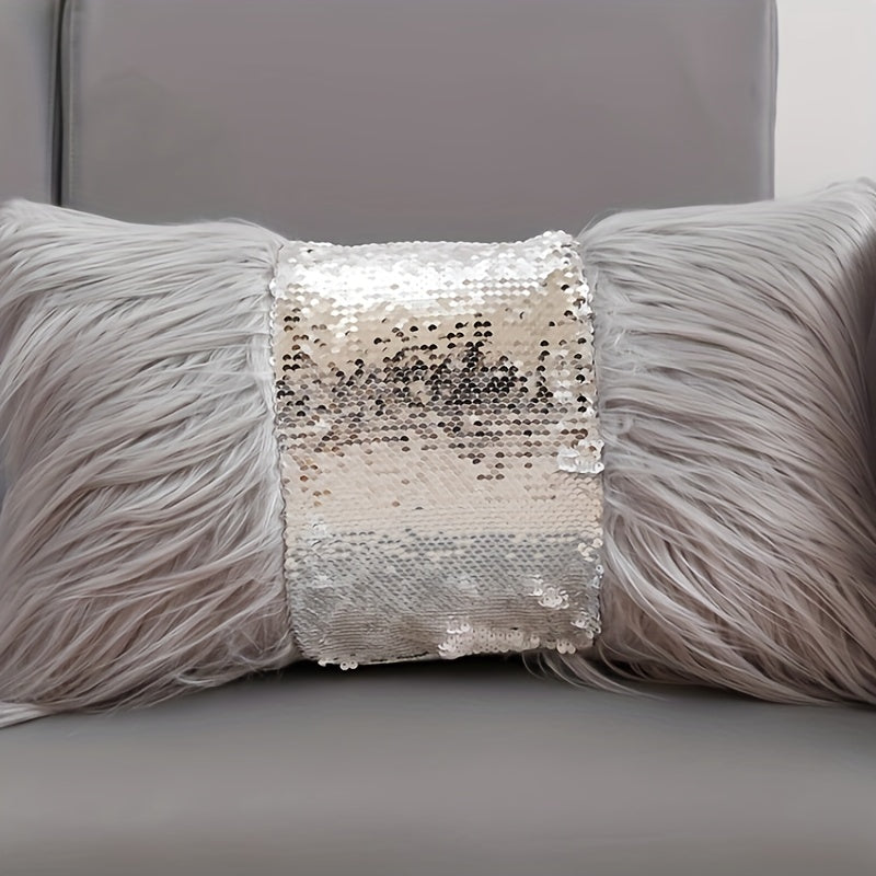 1pc, Luxury Sequin Fur Cushion Cover - Soft Plush Throw Pillow Case with Zipper - Perfect for Home Decor and Living Room Decor