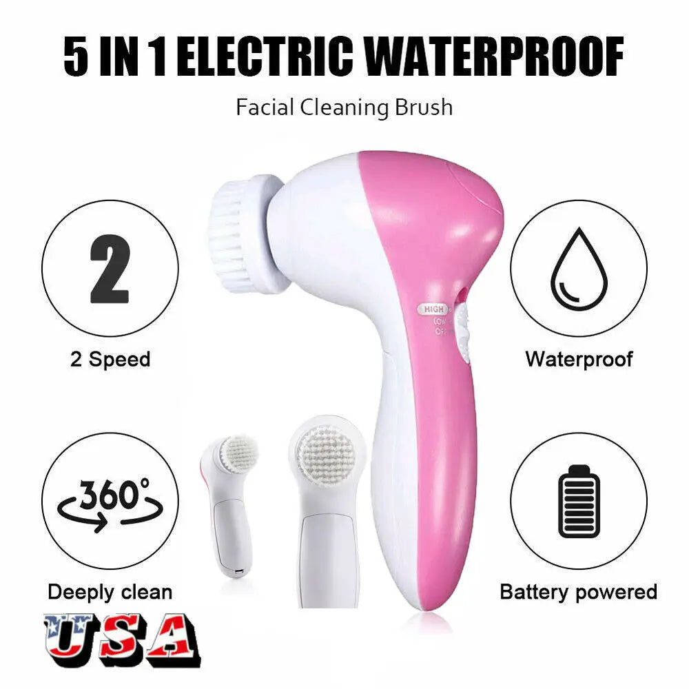 5 in 1 Electric Facial Cleansing Brush Exfoliater Deep Cleaning Face Massage Brush Skin Care Massage Spa 5 Heads