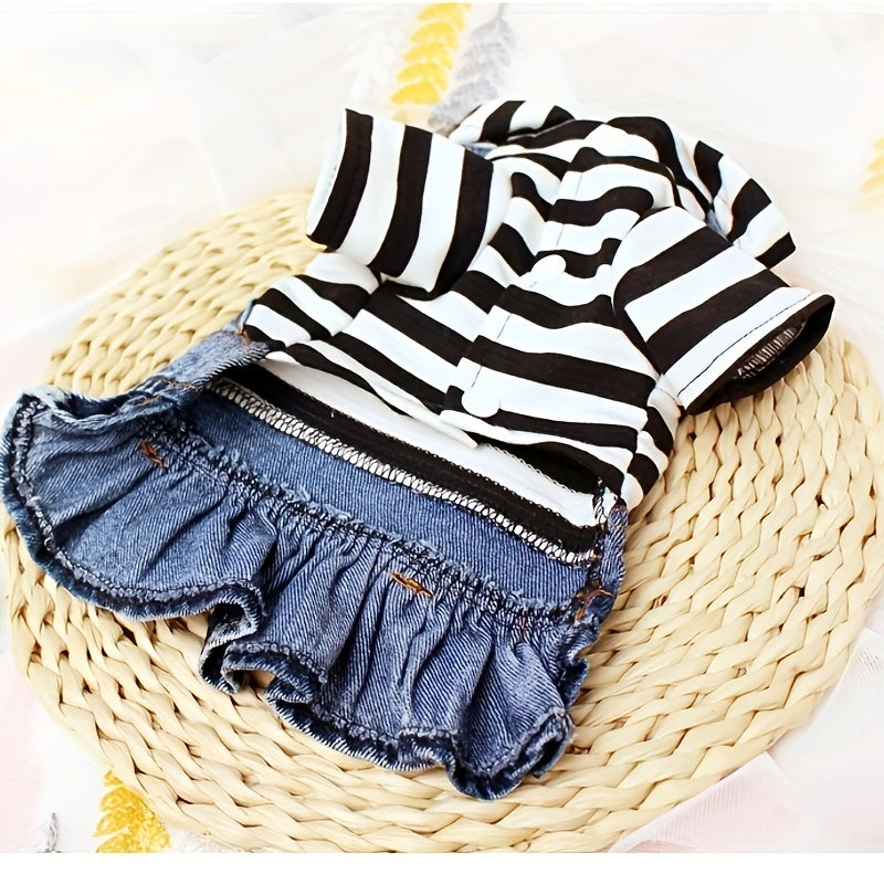 New Striped Denim Princess Jumpsuit Dog Dress For Spring And Autumn Pet Clothes For Small Dogs Plaid Puppy Denim Hoodie Jacket